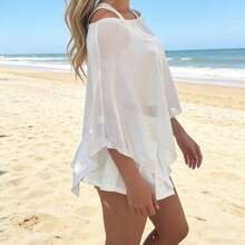 Blusa de Vacaciones Tejida Ligera para Mujer, Cuello Redondo y Manga Murciélago, Casual y Holgada para Verano - Blanco - Ver 5