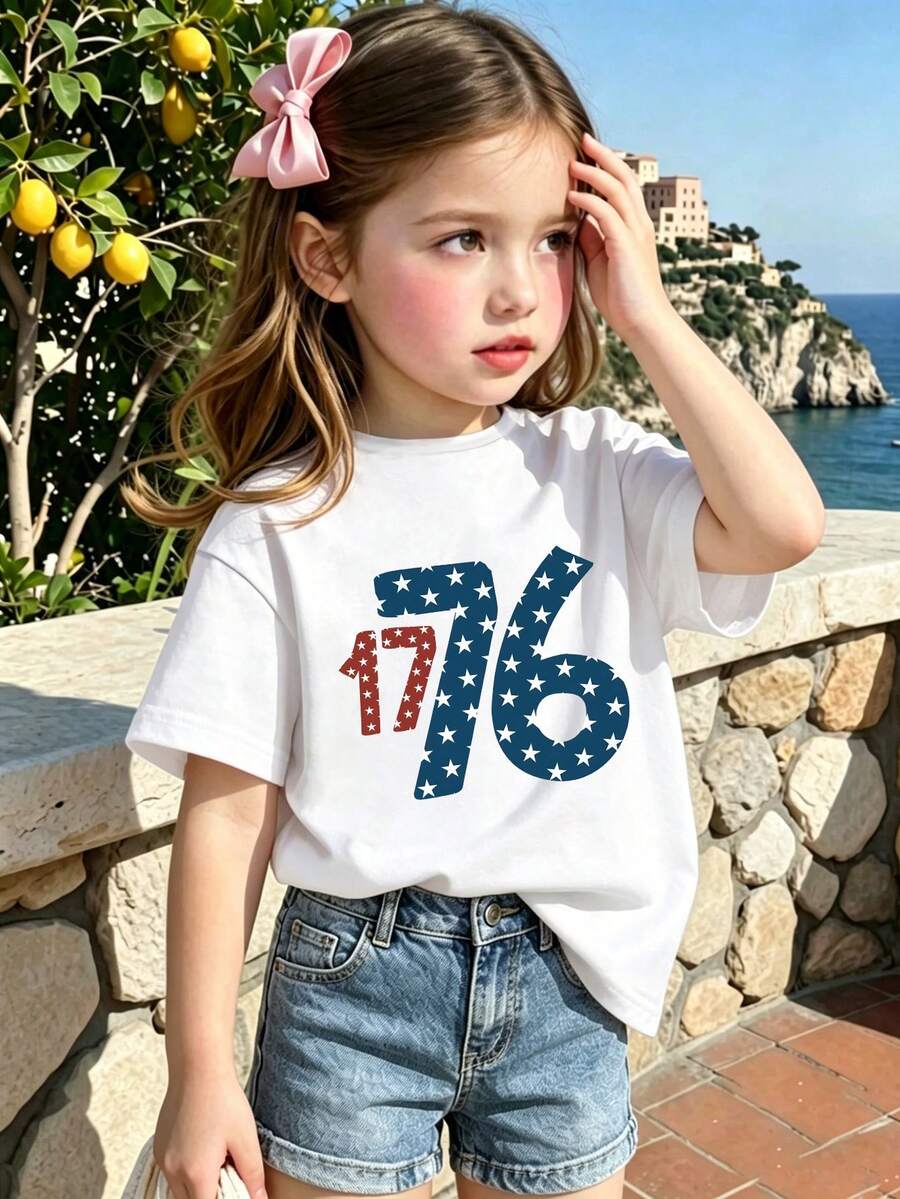 女童 1776 图案短袖 T 恤,独立日 - 白色 - 查看 1