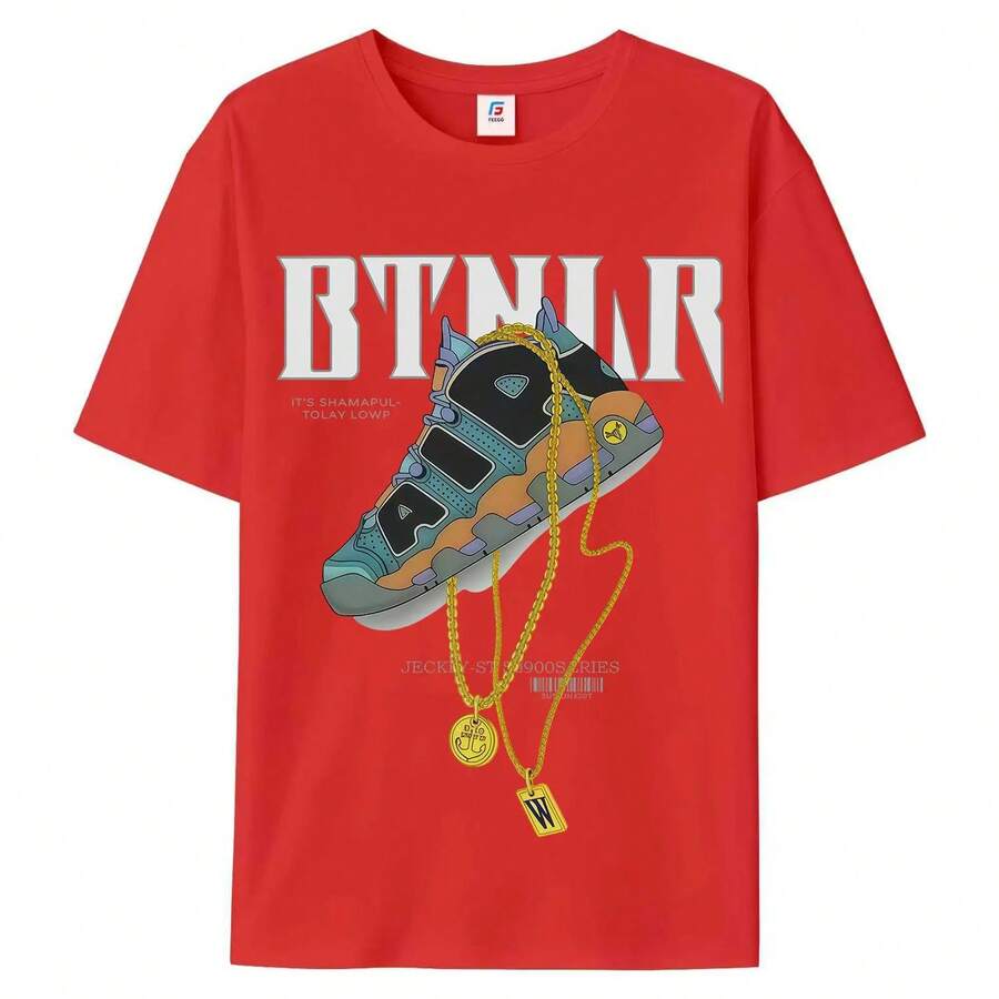Camiseta gráfica de moda con estampado de cadena dorada grande, unisex, de manga corta y cuello redondo para hombre, estilo urbano, para verano y primavera, informal, ropa, vitalidad juvenil, camisetas gráficas de calidad, transpirable, clásica. - Rojo - Ver 1