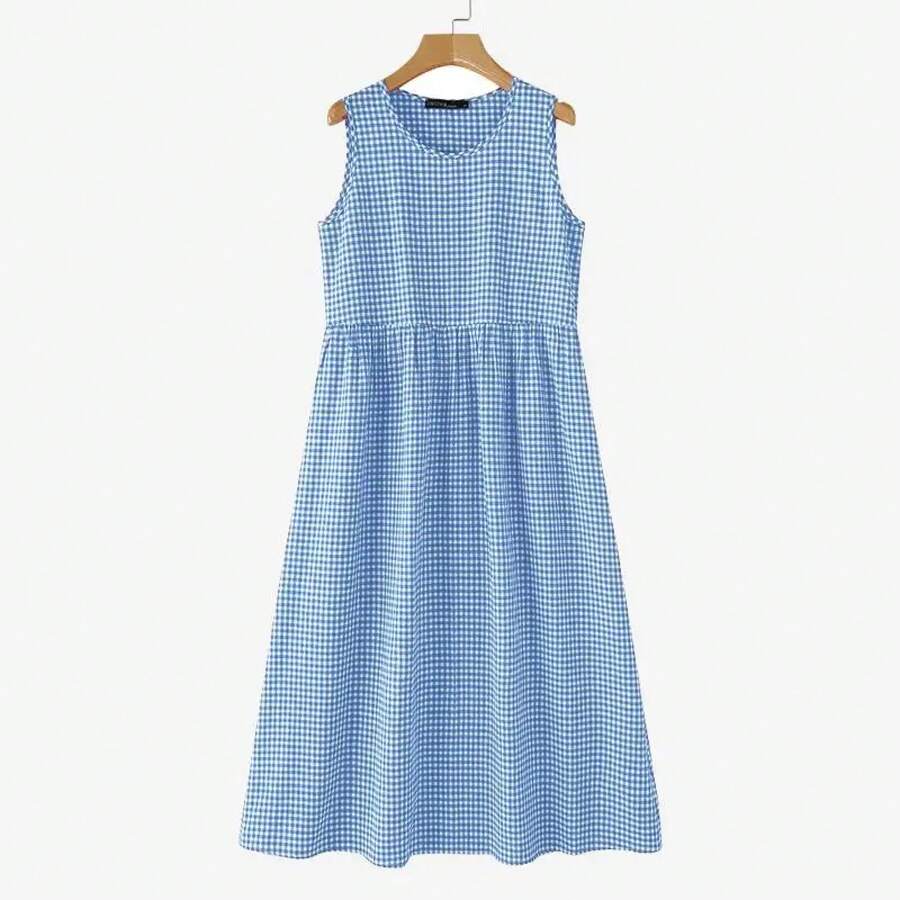 ZANZEA-vestido veraniego a cuadros para mujer, Vestidos bohemios para vacaciones, vestido elegante sin mangas con cuello redondo, Vestidos de trabajo holgados informales - azul claro - Ver 1