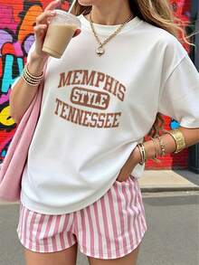 Camiseta "MEMPHIS TENNESSEE" Estilo Vintage Varsity Mujer | Ropa Casual Americana Retro Manga Corta - Blanco - Ver 1