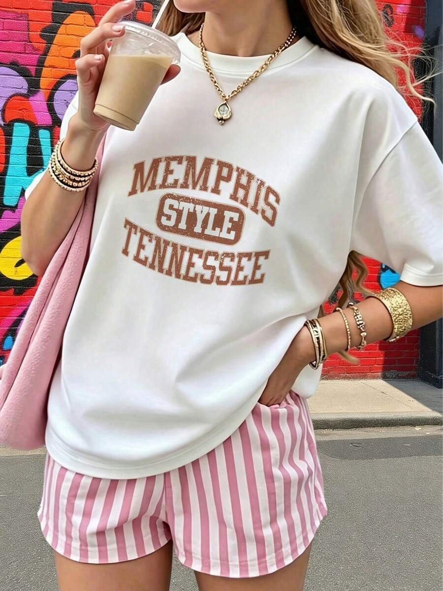 Camiseta "MEMPHIS TENNESSEE" Estilo Vintage Varsity Mujer | Ropa Casual Americana Retro Manga Corta - Blanco - Ver 1
