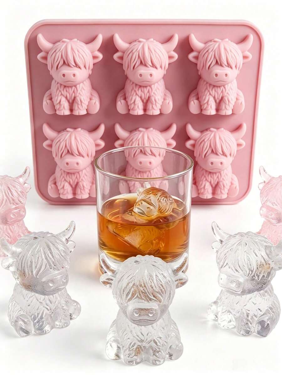可愛3D粉紅色牛形冰塊模具，多功能居家巧克力模具。冰箱冰盤，適用於家庭、酒吧、夜店、威士忌、派對和禮物 - 迷你高地牛冰塊模具，廚房配件，家居用品，烘焙
