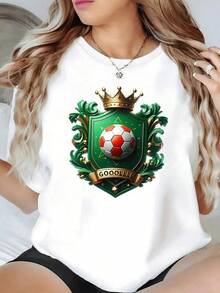 Escudo verde con balón de fútbol coronado que simboliza la pasión por el gol la energía del deporte y la fuerza del triunfo camiseta de mujer casual moderna cómoda para fanáticas del fútbol - Negro - Ver 6