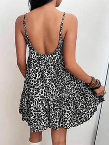 Vestido halter con estampado de leopardo para mujer, falda de gasa acolchada de estilo sexy vintage con correas ajustables, moderno y versátil - Gris Oscuro - Ver 3