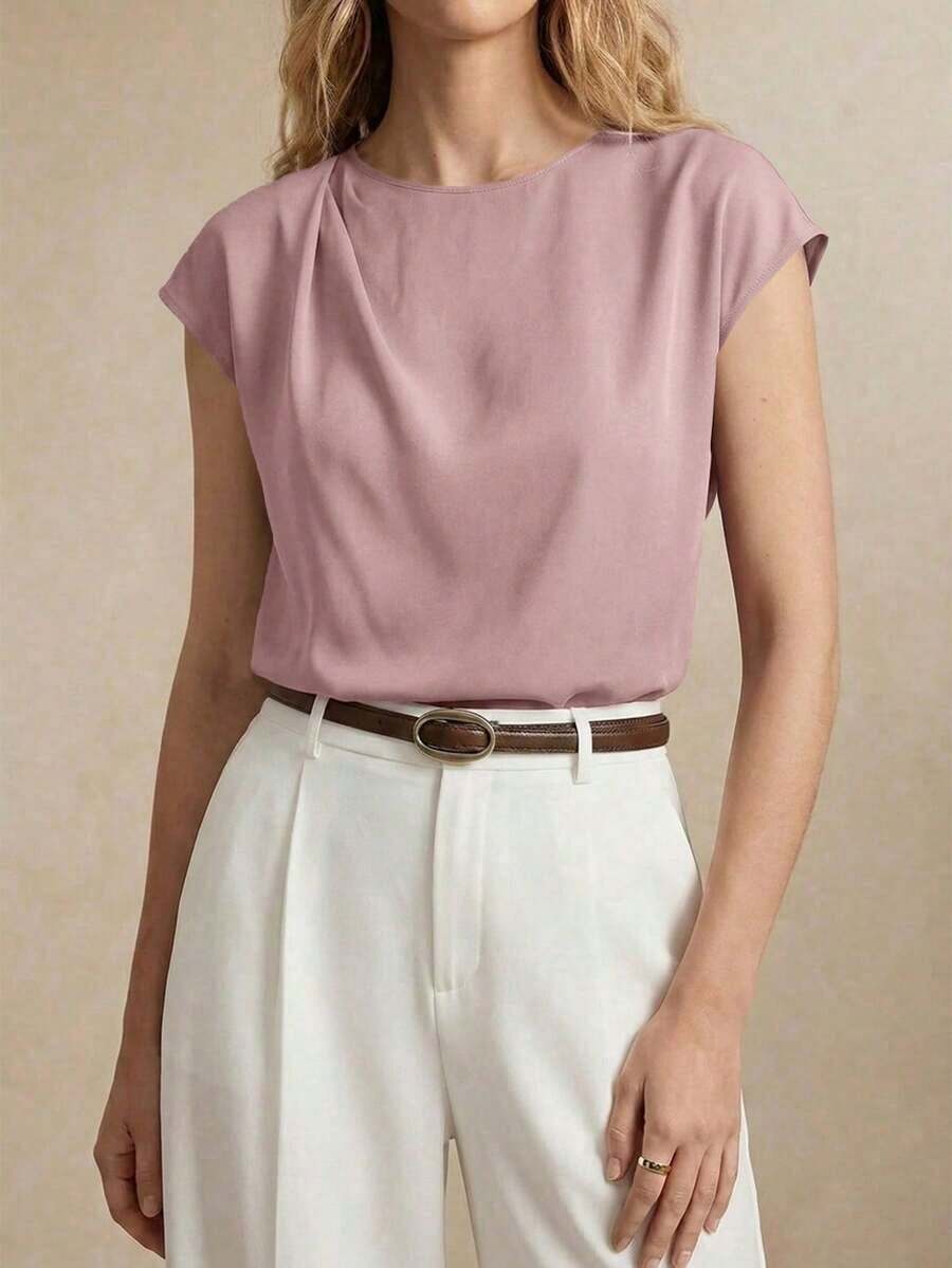 Blusa nueva de primavera/verano con diseño de hombros plisados de cuello redondo en azul, camisa elegante y única para salidas, oficina, ocasiones formales, moda básica profesional casual de alta gama, invitada de boda, fiesta, estilo del milenio, - Rosa - Ver 1
