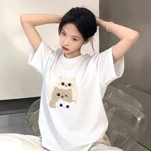 Camiseta de mujer de manga corta negra de algodón puro, nuevo estilo de verano con diseño único, top de nicho, talla grande, corte holgado, efecto adelgazante, cuello redondo, cómoda y holgada, camiseta a la moda. - Blanco - Ver 6