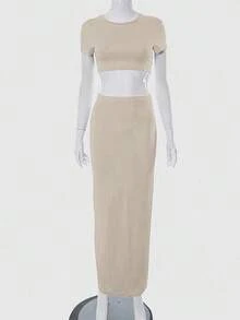 Conjunto de 2 piezas de verano, top corto de manga corta y cuello redondo de unicolor y falda larga de tubo, para mujer - Beis - Ver 4