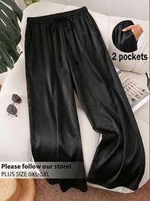 CosyJoli Pantalones anchos de uso diario con bolsillos y cordón en la cintura para mujeres de talla grande con diseño de rayas - Negro - Ver 10