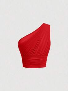 Top crop de un hombro fruncido - Rojo - Ver 2