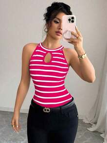 Camiseta ajustada y sexy con diseño hueco y cuello halter a rayas para mujeres - Rosa Fucsia - Ver 3