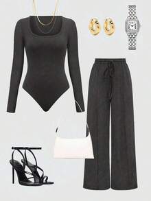 Set de 2 piezas: Top con bajo asimétrico y pantalones de unicolor - Gris Oscuro - Ver 4