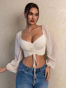 Blusa de manga farol con cuello de corazón y pliegues, corta - Albaricoque - Ver 3