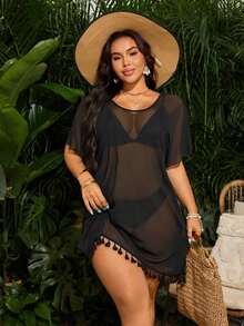 Swim  Salida de playa tipo kimono con flecos para talla grande - Negro - Ver 1