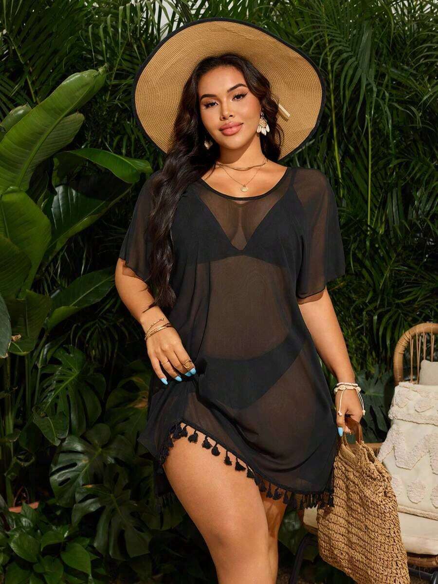 Swim  Salida de playa tipo kimono con flecos para talla grande - Negro - Ver 1