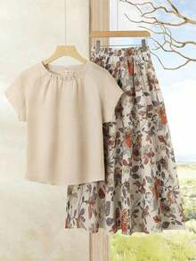 2 piezas Conjunto de top casual de unicolor + falda con estampado geométrico blanco y negro para vacaciones de mujer, Conjunto de ropa de verano para mujer, Conjunto de falda y top de verano, Conjunto de falda y top de mujer, Conjunto de falda - Multicolor 9 - Ver 7