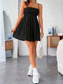 Vestido De Tirantes Con Pliegues Sólidos Para Mujeres - Negro - Ver 6