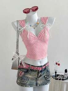 Top a cuadros sin mangas para mujeres con escote de corazón y nudo delantero - Rosa - Ver 7