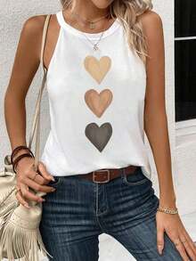 Top sin mangas con estampado de corazón, adecuado para el verano, top ajustado de mujer para volver al colegio, casual - Blanco - Ver 4