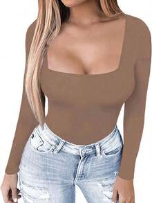 Camiseta ajustada de manga larga con cuello cuadrado para mujer, primavera/verano Y2K, unicolor, sexy, adecuada para el Día de San Valentín y uso casual - Marrón Mocha - Ver 9