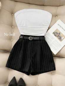 Nuevo conjunto casual de 2 piezas de camiseta acanalada de unicolor y elástica, y shorts a rayas, para primavera/verano.Traje de mujer con contraste de color, adecuado para ir al trabajo y de vacaciones - Negro - Ver 5