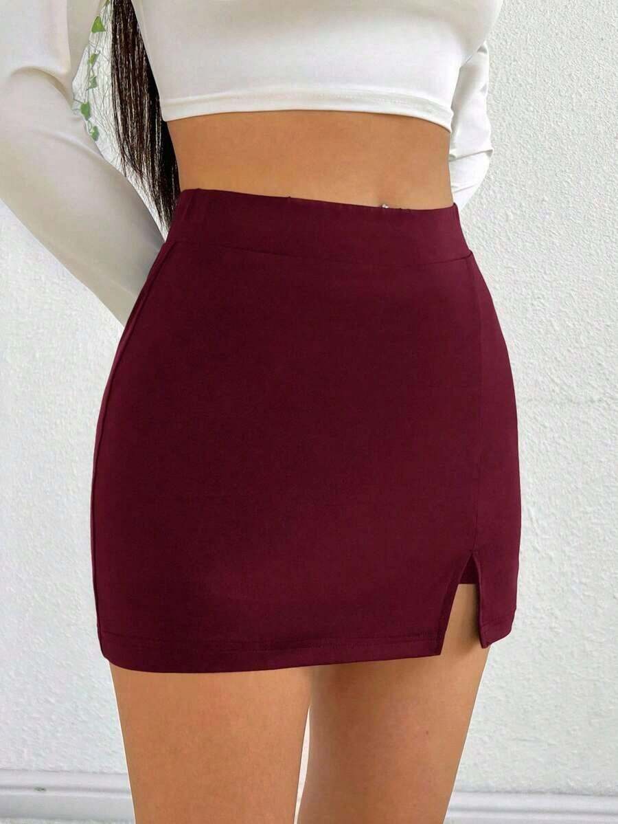 Falda de verano, falda recta con aberturas laterales para mujer, falda casual y sexy de cintura alta con corte mini, lisa, negra, para uso diario casual en primavera/verano - Burdeos - Ver 1
