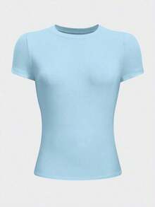 Camiseta casual de manga corta y cuello redondo ajustada para mujer, color café - Celeste - Ver 3