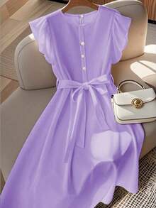 Vestido de mujer de longitud media, cómodo y suave, sin estiramiento, con cuello redondo, mangas de vuelo, cintura elástica, decoración de botones de perla, estilo francés elegante y versátil para vacaciones y viajes, color albaricoque, primavera - Morado - Ver 1