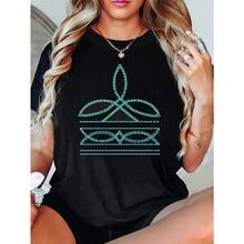 Camiseta Y2K bohemia occidental para mujer con estampado de hongos turquesa - Top casual de manga corta y cuello redondo con diseño bohemio azul verdoso y turquesa, confeccionada en tela ligera y transpirable, adecuada para primavera y otoño, un imprescindible para siempre - [Negro] - Ver 5