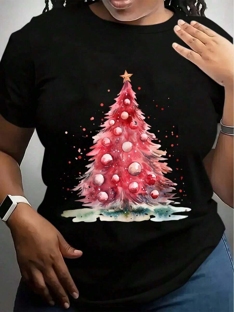 Camisetas de manga corta para mujer - Camiseta blanca de Navidad - Corte holgado - Árbol de Navidad en acuarela con adornos rojos y estrella dorada - Tela suave y transpirable - Manga corta - Cuello redondo - Top para fiestas navideñas - Copo de nieve rosa y dorado. - Negro - Ver 1
