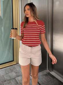 Camiseta casual versátil de rayas con gráficos para mujeres - Rojo y blanco - Ver 6