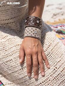1pc Punk Hip-Hop Rhinestone Embellished Wide Leather Bracelet, Vintage Wasteland Style Bangle Wristband, Suitable For Parties, Music Festivals, Street Wear - Dots - View 6