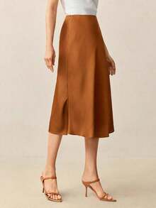Falda negra básica de corte evasé para mujer, adecuada para el transporte urbano, negocios, uso casual, oficina, y atuendo formal elegante para mujer - Marrón - Ver 5