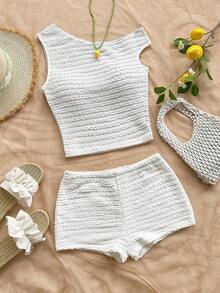 Conjunto de 2 piezas para vacaciones primavera/verano de mujer: Top corto asimétrico de hombro de punto a rayas rojas y blancas y shorts ajustados de tiro súper bajo, adecuado para fiesta, Navidad, San Valentín, cita, playa, crucero, carnaval, Pasc - Blanco - Ver 4