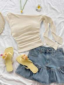Blusa ajustada de cuello asimétrico con volantes y lazada, en color amarillo pálido, apta para fiesta, vacaciones, festival de música, estilo bohemio, citas y té de la tarde - Beis - Ver 9