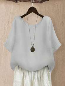 Top holgada de cuello redondo para mujer de talla grande en color verde salvia texturizado, para uso casual/diario/al aire libre/minimalista/vacaciones que estiliza, para primavera/verano - Gris Claro - Ver 7