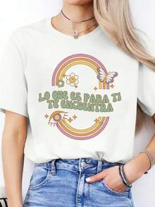 Camiseta deportiva casual de manga corta y cuello redondo para mujer con estampado de letras en español para primavera y verano - [Blanco] - Ver 6