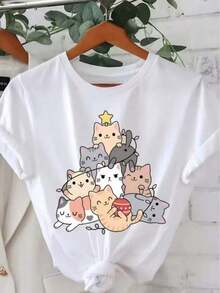 Women's 100% Cotton Short-Sleeved T-Shirt, SS26, With A Graphic Print Of Cute Christmas Cats, Stars And Ornaments. - 白色 - 查看 4