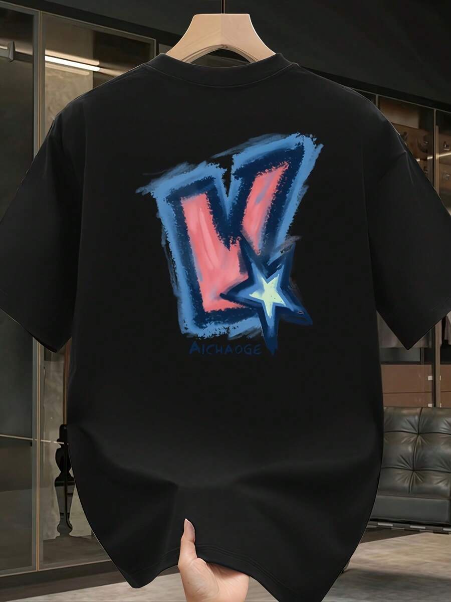 Camiseta de manga corta para hombre, de algodón puro de alta calidad, con estampado de marca de moda, nueva, informal de verano, talla grande, holgada y versátil. - Negro - Ver 1