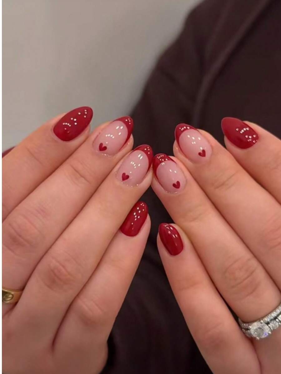 24pcs Oval Nail Stickers Set, Red French Design With Removable Heart Decor, Long-Lasting, Includes 1 Adhesive Sticker Sheet And 1 Mini Nail File, Perfect For Casual Outfits - Red - View 1