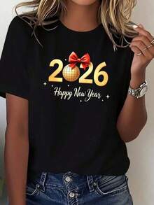 New 2026 1 Camiseta de Mujer para Año Nuevo 2026 y Feliz Año Nuevo 2026 con Estampado - con Lazo Dorado y Rojo y Diseño con Número 2026, Top Casual de Manga Corta y Cuello Redondo, Camiseta de Año Nuevo, Ropa Festiva, Blusa Elegante, Ajuste Cómodo, Blusa de Vacaciones Mujer casual estampado festivo ajuste holgado cuello redondo manga corta primavera verano camiseta - Negro - Ver 6