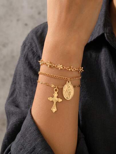 3pcs/Set Elegant Versatile Handmade Floral Chain Bracelet With Cross & Virgin Mary Pendant, Fashionable Jewelry For Women To Wear Daily, Photo Shoots, Travel, Dates, And Gatherings