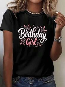 Camiseta estampada de cumpleaños para damas |   Camiseta casual de manga corta y cuello redondo con estampado de cumpleaños y número de edad, tela elástica, lavable a máquina, adecuada para todas las estaciones.blusas>bonito - Negro - Ver 7