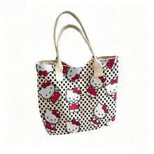 Miniso Túi tote vải canvas in họa tiết chấm bi Hello Kitty của Sanrio, màu kem phối chấm bi đen, thích hợp sử dụng hàng ngày. - trắng - Xem 4