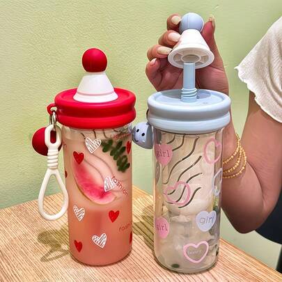 Cute Heart Print Shaker Cup With Keychain - Portable Drink Mixing Cup