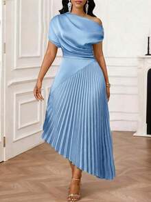Lady Vestido elegante de mujer con estampado de teñido anudado y cuello asimétrico - Azul - Ver 6
