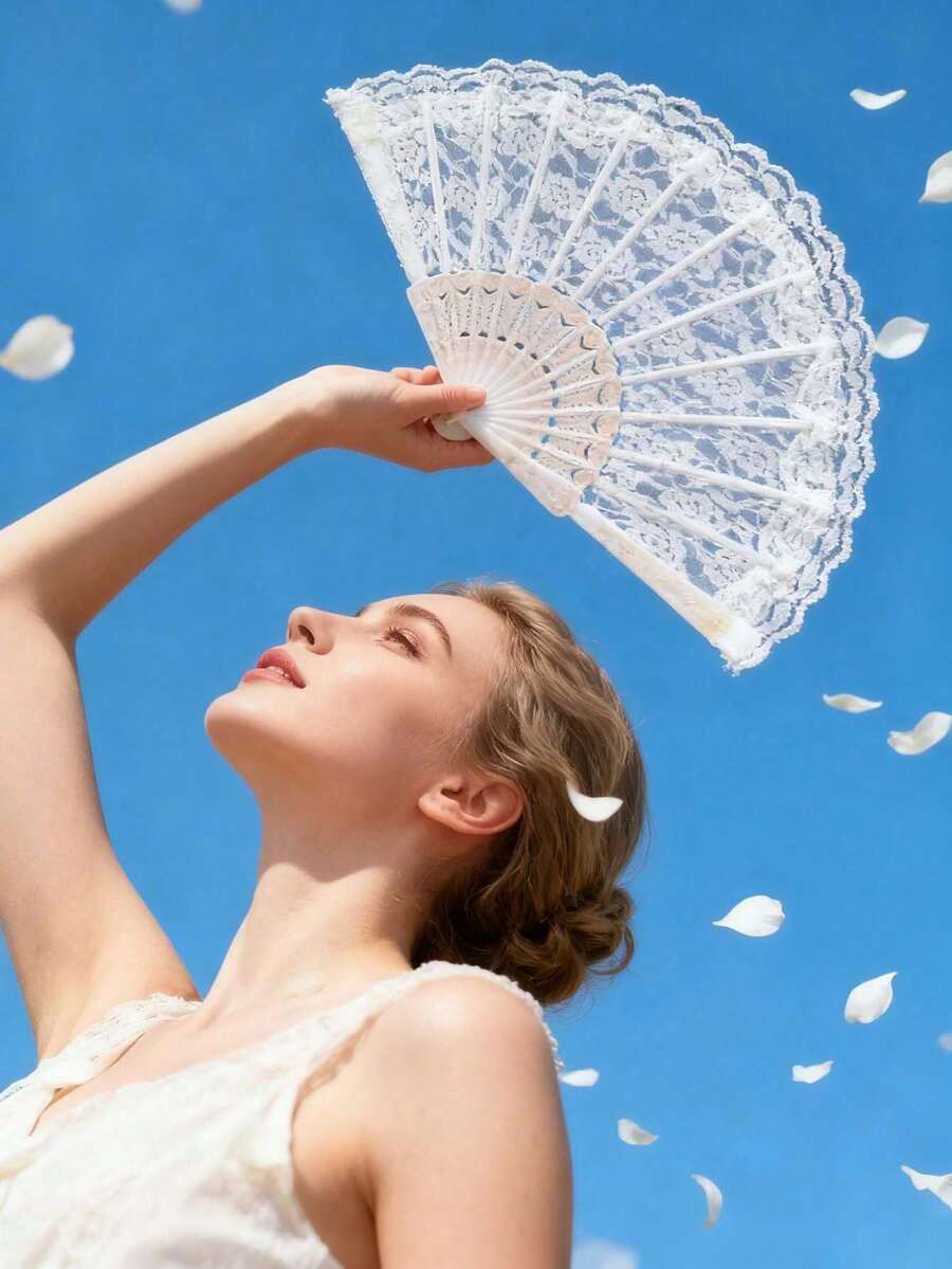 2把复古法式蕾丝折叠手扇,便携折叠扇,四季皆宜,适合派对装扮 - 彩色 - 查看 1