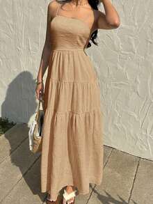 Vestido con escote de tubo plisado de tela texturizada color melocotón claro, con tirantes finos, cintura suelta, estilo relajado para vacaciones - Caqui - Ver 4