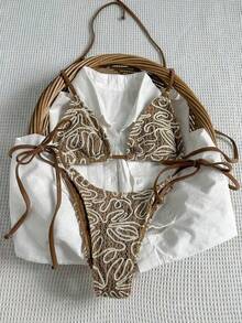 Nuevo traje de baño con tela floral, bikini sexy con lazo, traje de baño de dos piezas fresco y elegante para mujer. - Verde - Ver 8