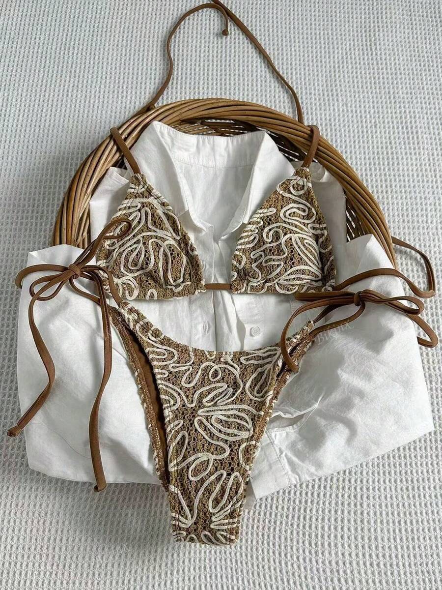 New Swimsuit With Floral Fabric, Sexy Bikini With Bow, Cool And Elegant Two-Piece Swimsuit For Women. - 咖色 - 查看 1